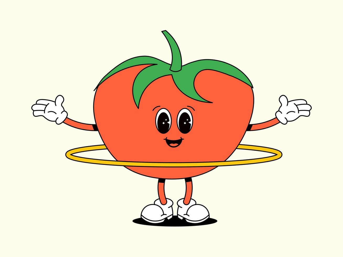 Sport tomato with hula hoop. Red groove vegetable. Character of Healthy food. Retro Vector illustration