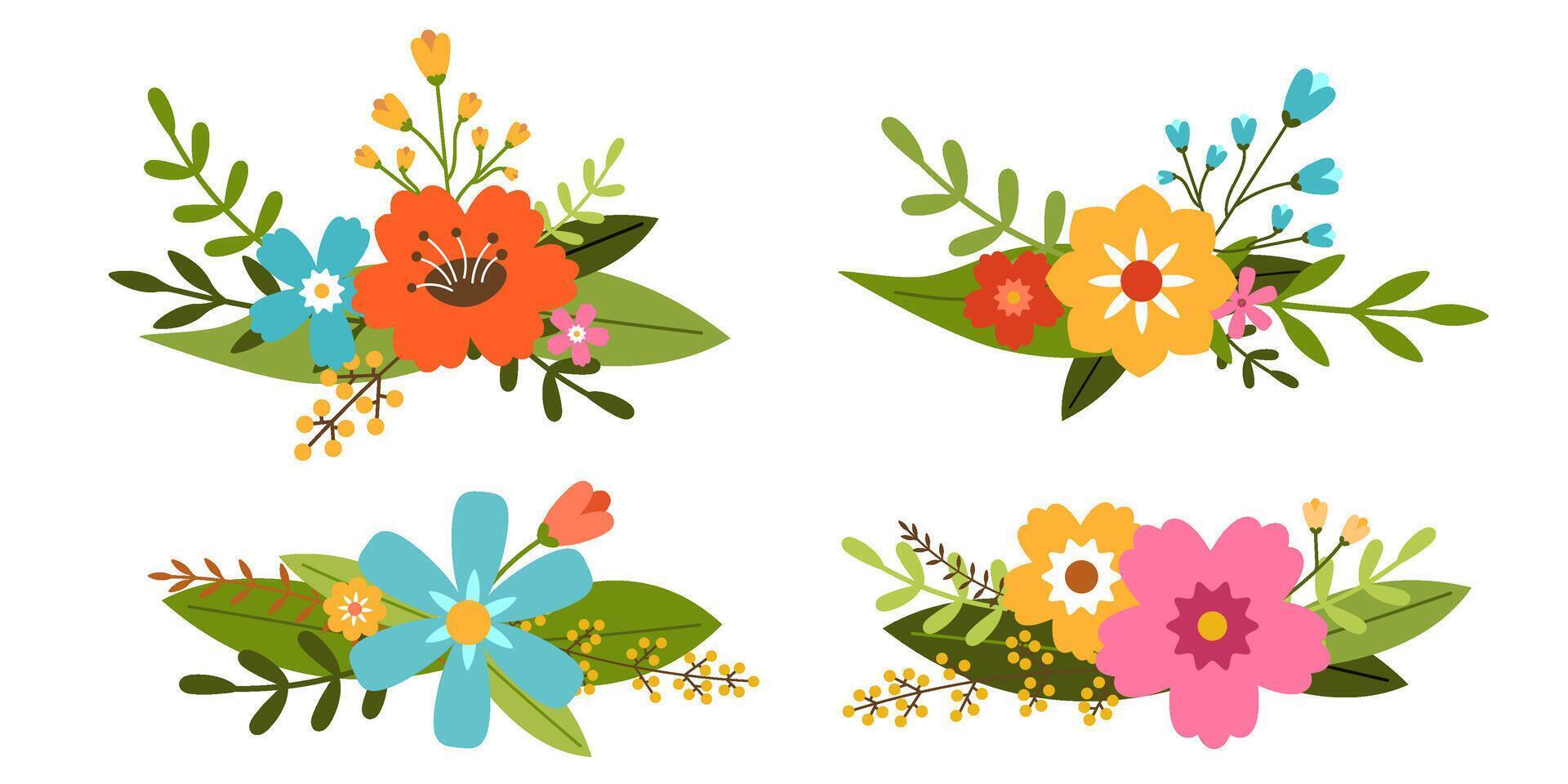 Set of Floral Clipart of flowers and leaves. Floral horizontal Clipart. Vector illustration for design