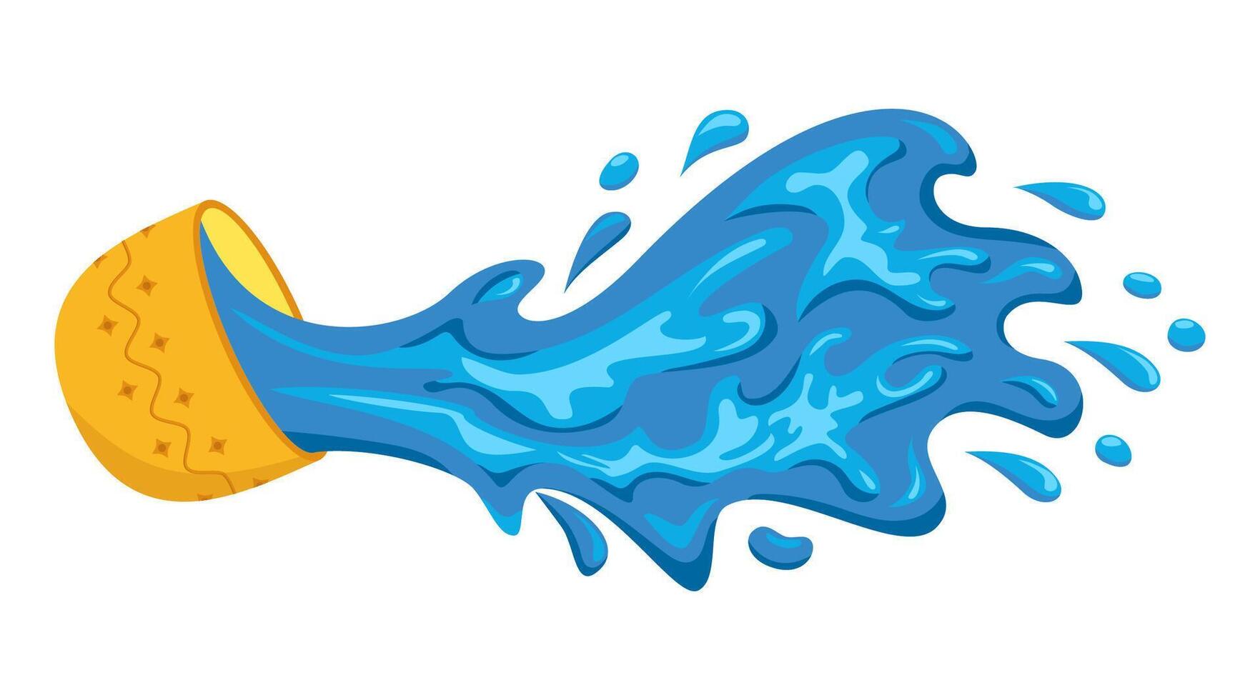 Blue water splashes out of a golden bowl. Water drinking bowl, cup. Concept for Songkran water festival. Thailand New Year's day. Cartoon vector illustration