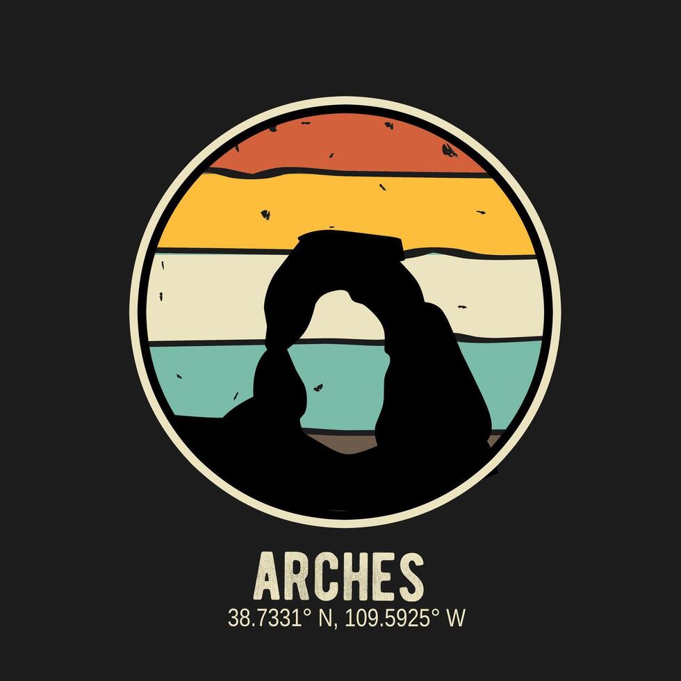 vector of arches national park silhouette, with vintage, retro color, perfect for print, appare, etc