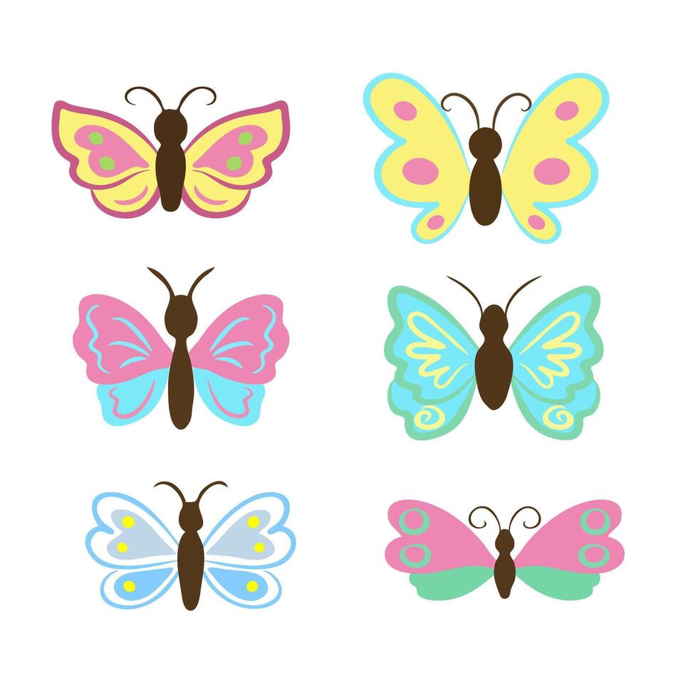 Cute butterfly cartoon clipart set. Vector collection of colorful butterflies