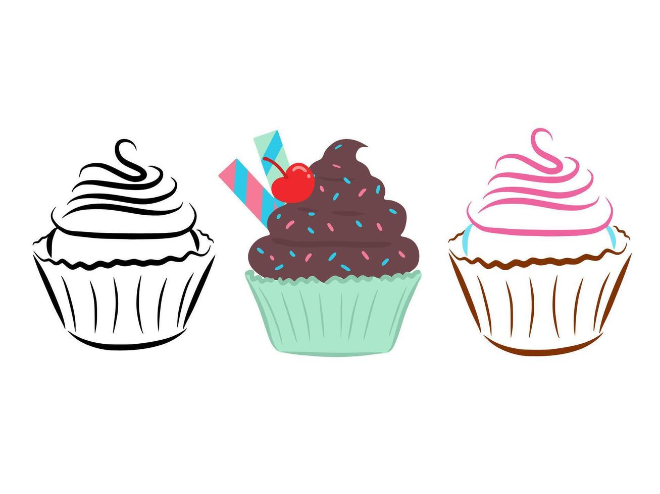 Cute cupcakes clipart with candy sprinkles and red cherry on top. Cake muffins cartoon with colorful cream frosting and outline vector image