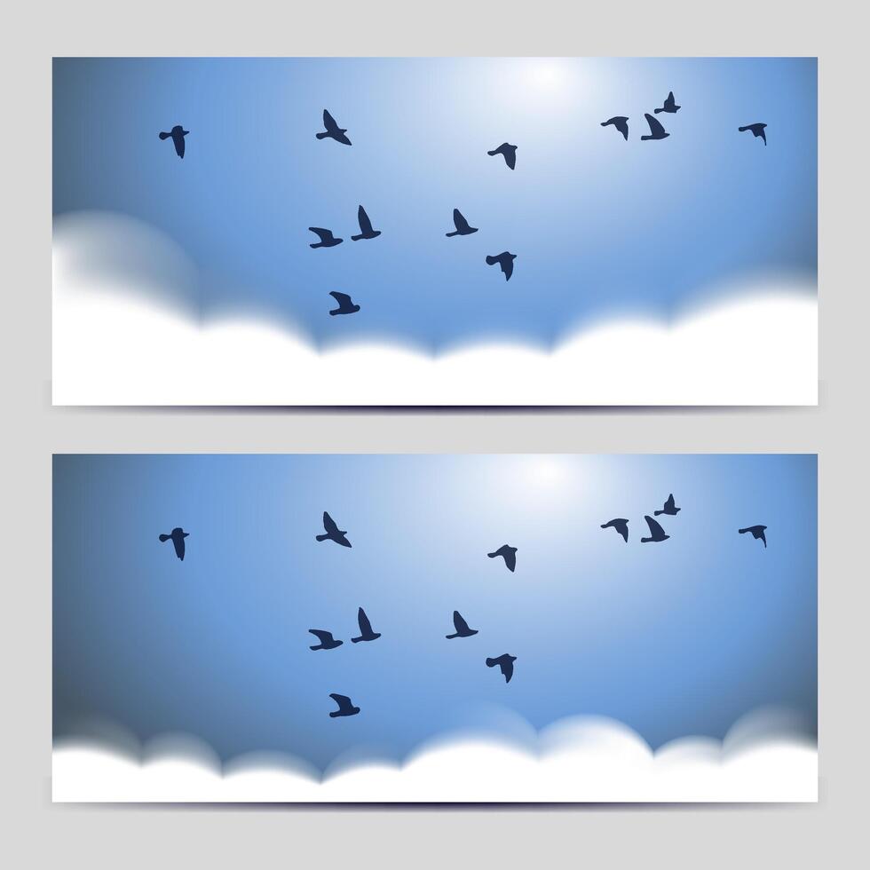 Clouds on blue sky banner with birds and sunlight, gradient mesh for web and print template vector
