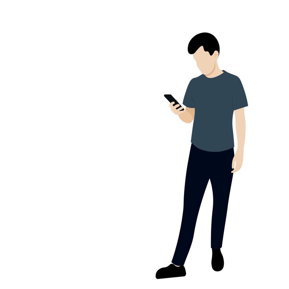 Full length guy with a phone in his hand, isolate on white, addiction to gadgets vector
