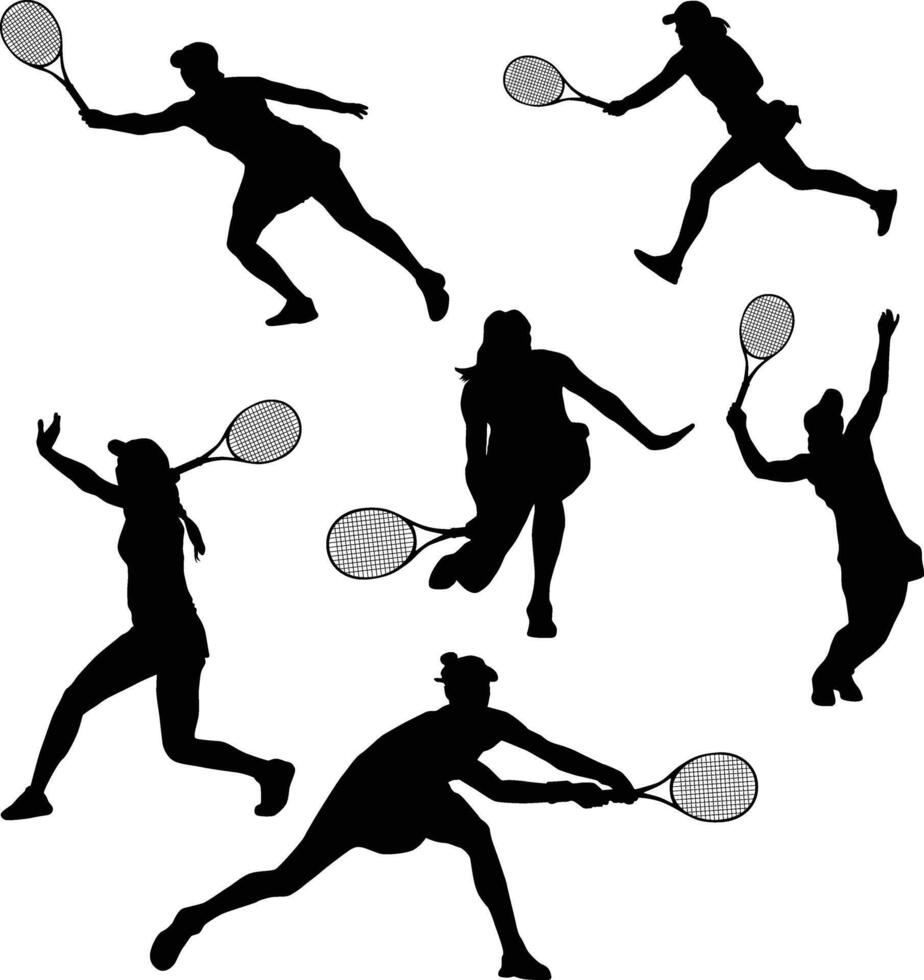 conjunto de mujer tenis jugador silueta ilustración en varios poses vector