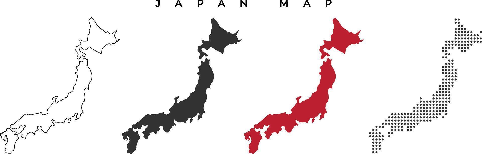 Japan map illustration in various style like outline, black, flag, and dotted vector