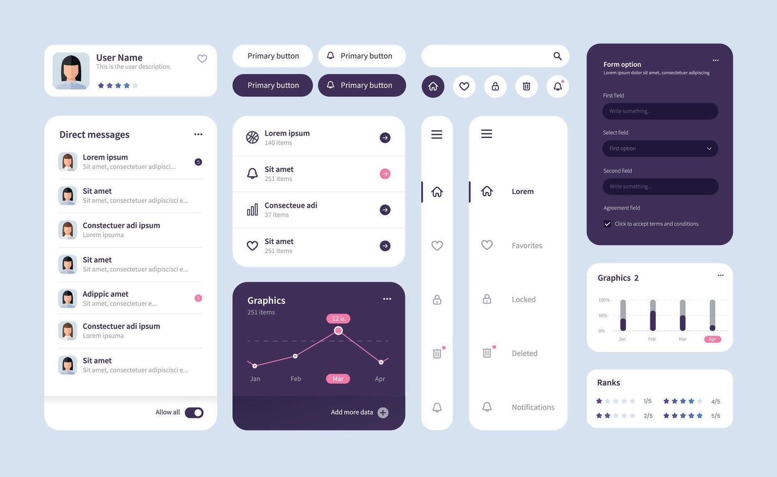 Big and improved ui kit for web designing, mobile apps with the different buttons, charts, diagrams, menu, search. vector
