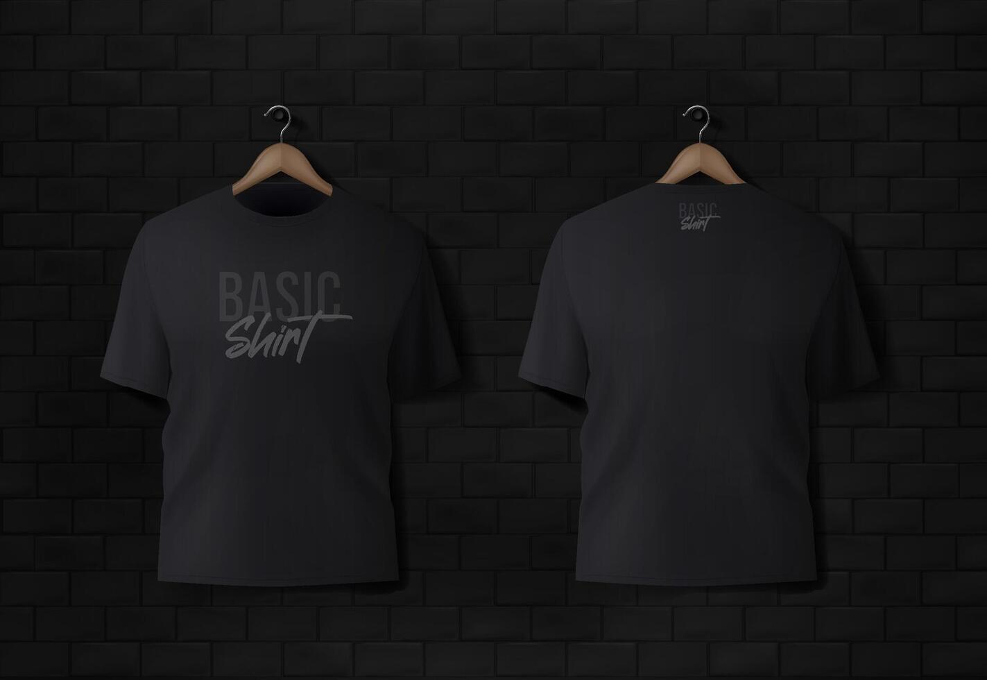 Basic black male t-shirt realistic mockup. Front and back view. Blank textile print template for fashion clothing. vector