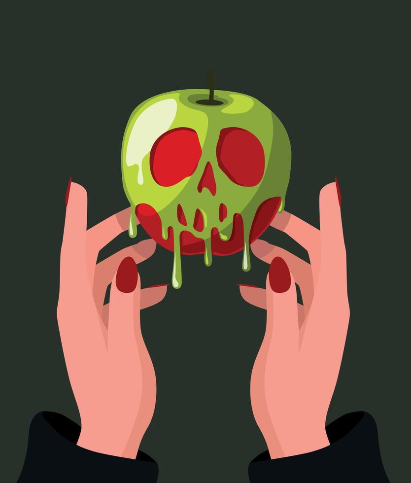 Witch holding poisoned red apple coated in skull poison. Halloween concept vector