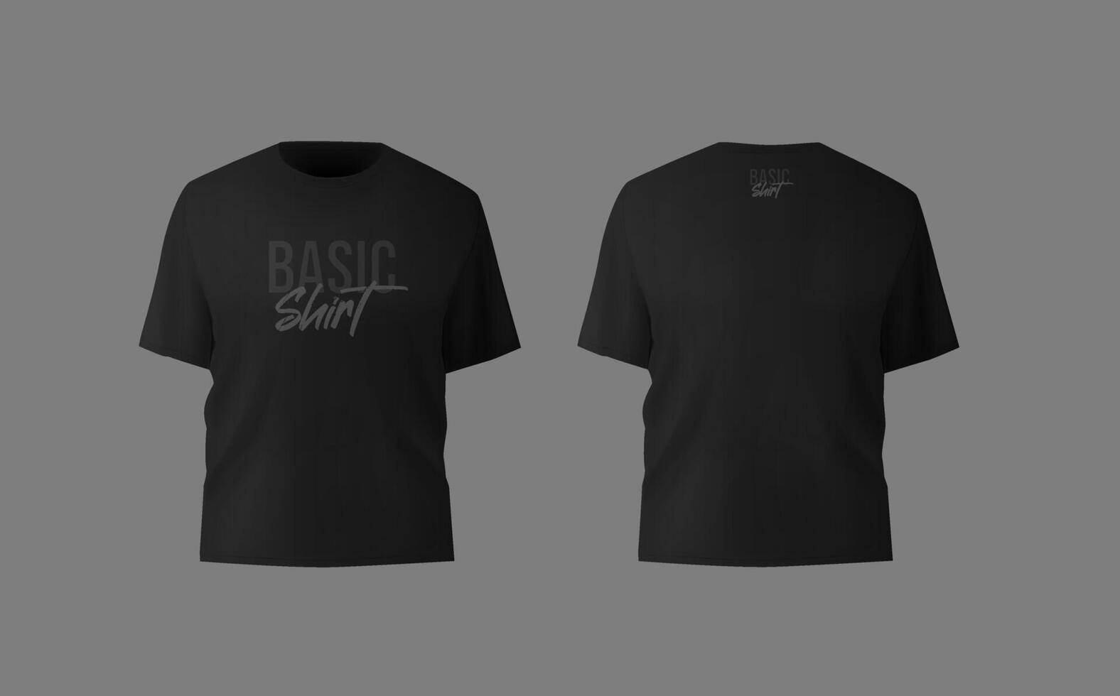 Basic black male t-shirt realistic mockup. Front and back view. Blank textile print template for fashion clothing. vector