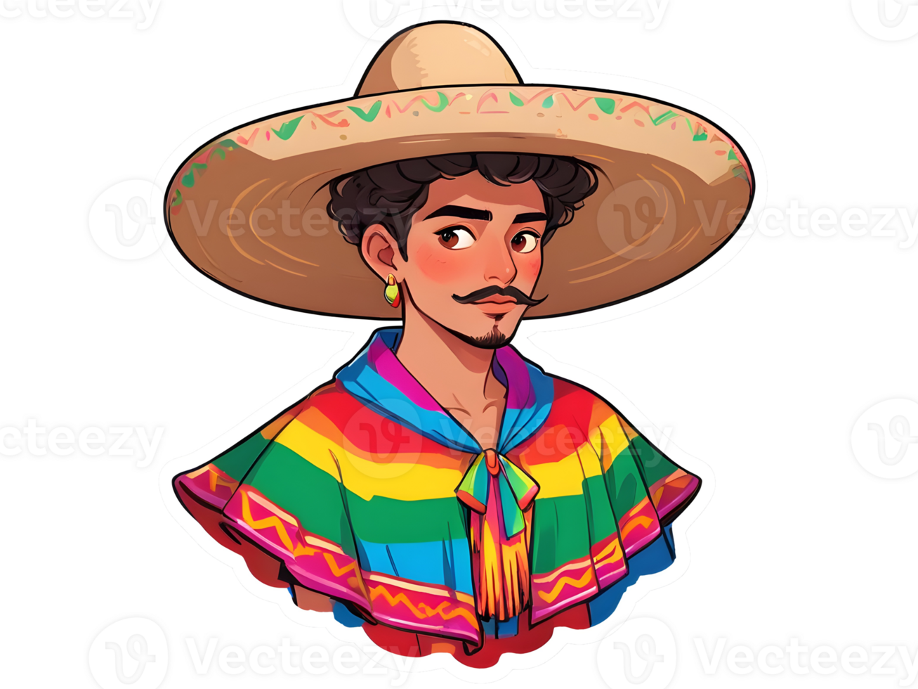 Cartoon mexican guy in colorful traditional poncho and sombrero png