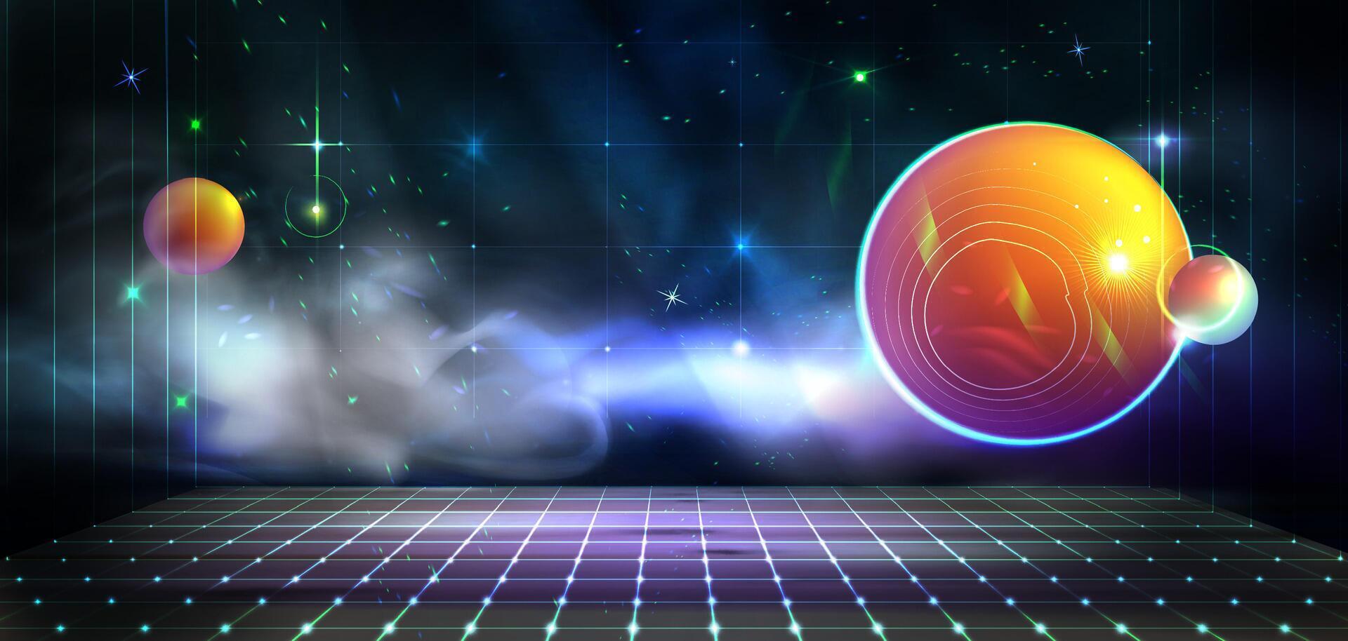 Laser space cyberspace or abstract arena with ceiling with planets and smoke. Vector illustration of futuristic space abstract background. Futuristic hi-tech HUD element.  Eps 10