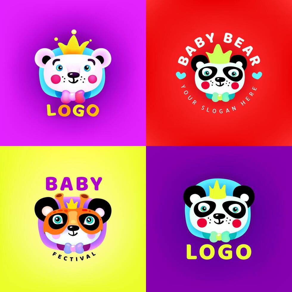 Colorful set baby bear logos. Logotype. Cute cartoon panda bear with a crown .Vector eps 10 vector