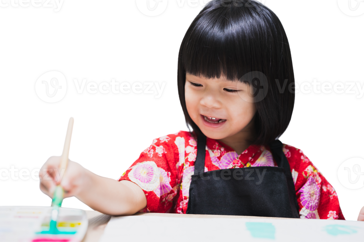 Portrait of smiling child joyfully painting with a brush, Kid enjoying art and learning water color with talents and skills in kindergarten school  education, Lovely girl engrossed in painting. png