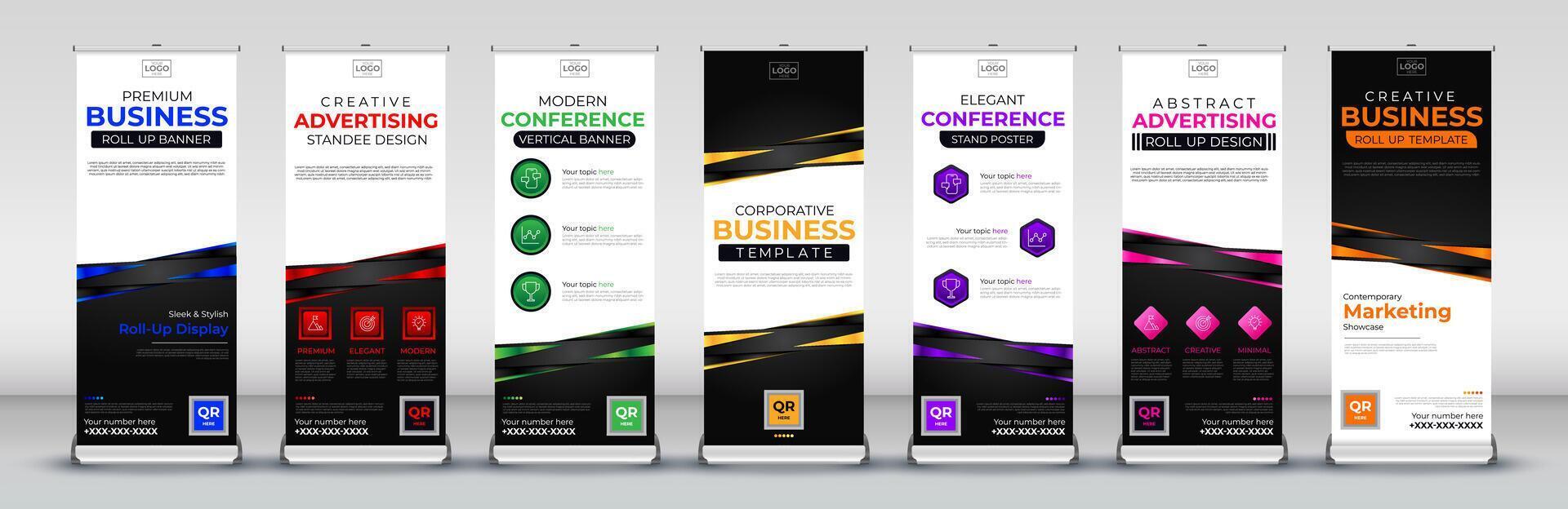 modern line roll up banner design for events, meetings, presentations in blue, red, green, yellow, purple, pink and orange colours vector