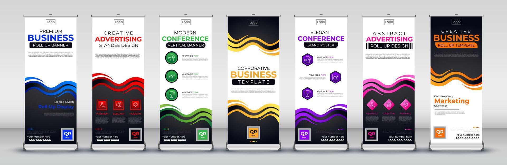 wave abstract roll up banners for events, meetings, presentations in blue, red, green, yellow, purple, pink and orange colours vector