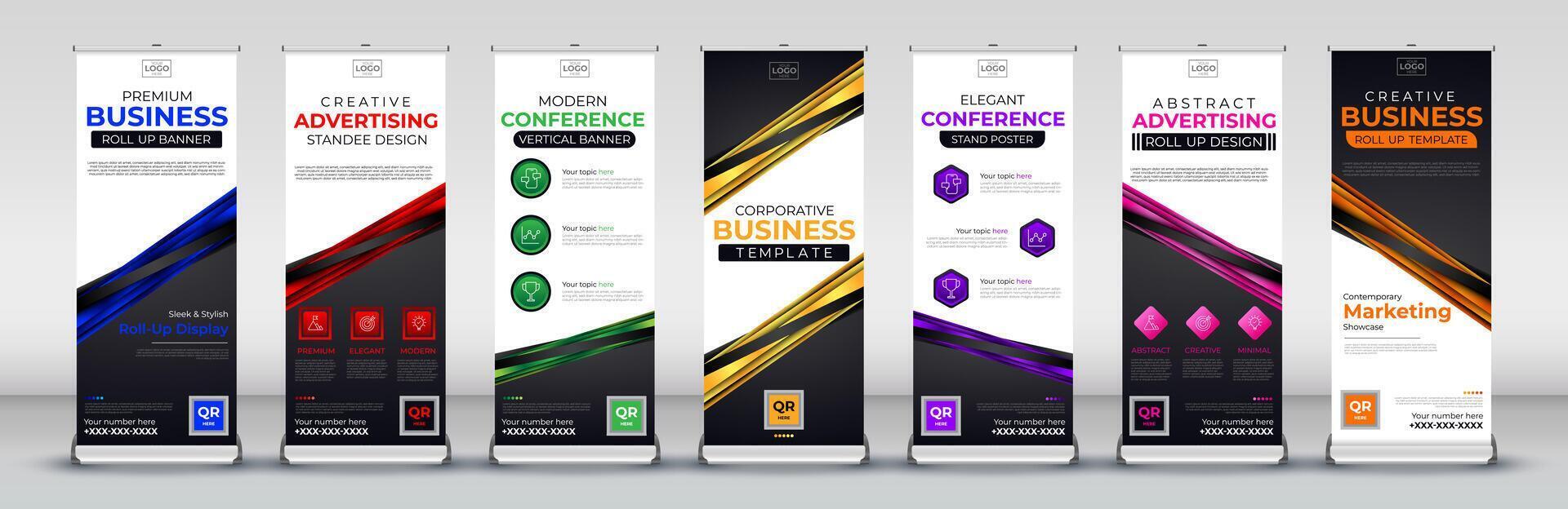 business roll up banner for events, meetings, presentations in blue, red, green, yellow, purple, pink and orange colours vector
