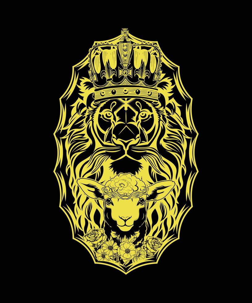 Lion and lamb in gold and black design, symbolizing peace and strength vector