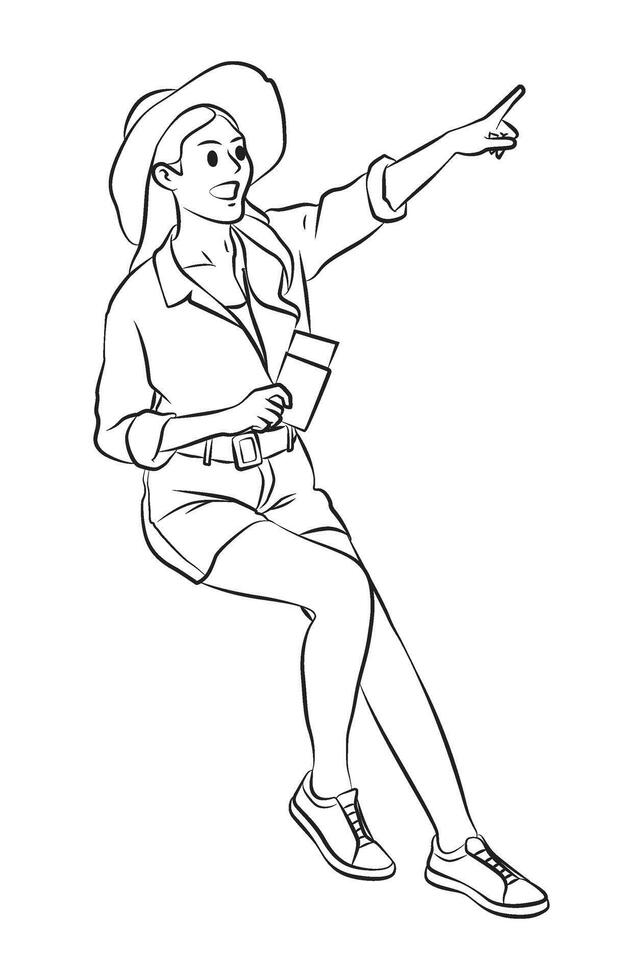 Girl pointing holiday pose cartoon illustration vector