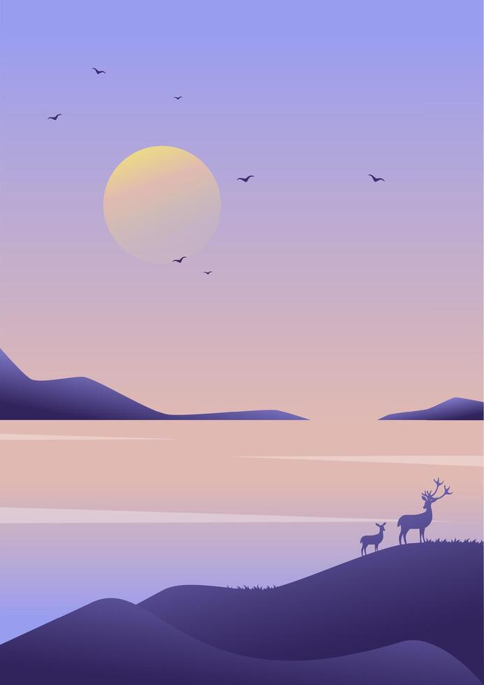Silhouette of deer standing in spring dusk seaside. Magical morning landscape, deer couple illustration vector