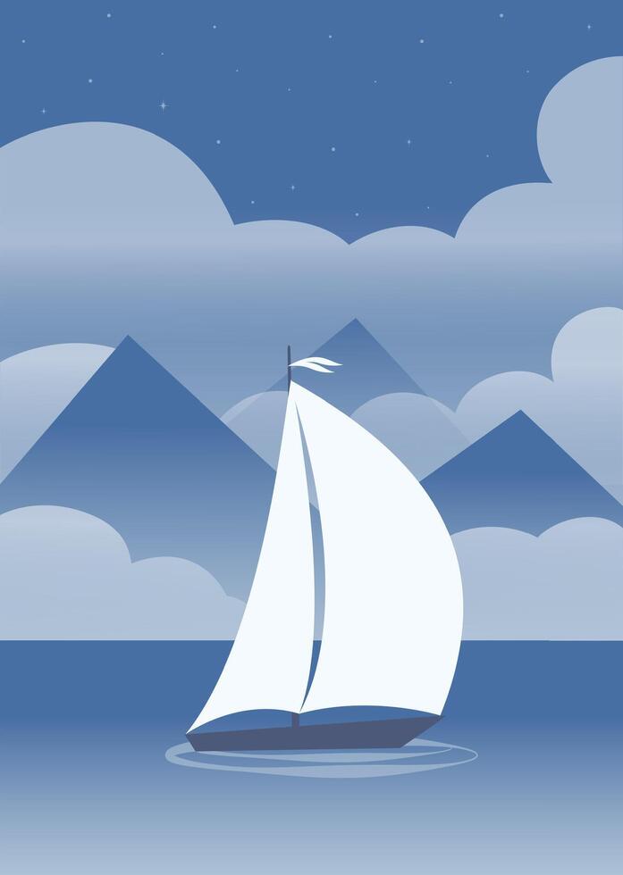 Mountains seaside blue landscape and ship poster. Seaside night with clouds. vector