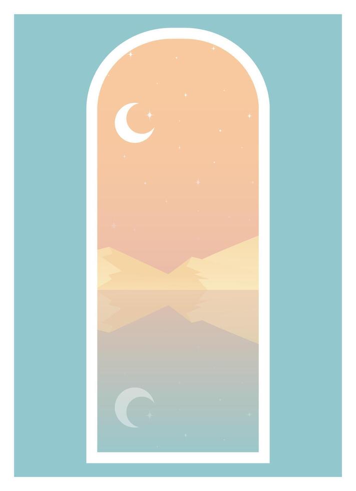 Gradient seaside background view illustration. Beautiful evening mountains near the ocean poster. vector