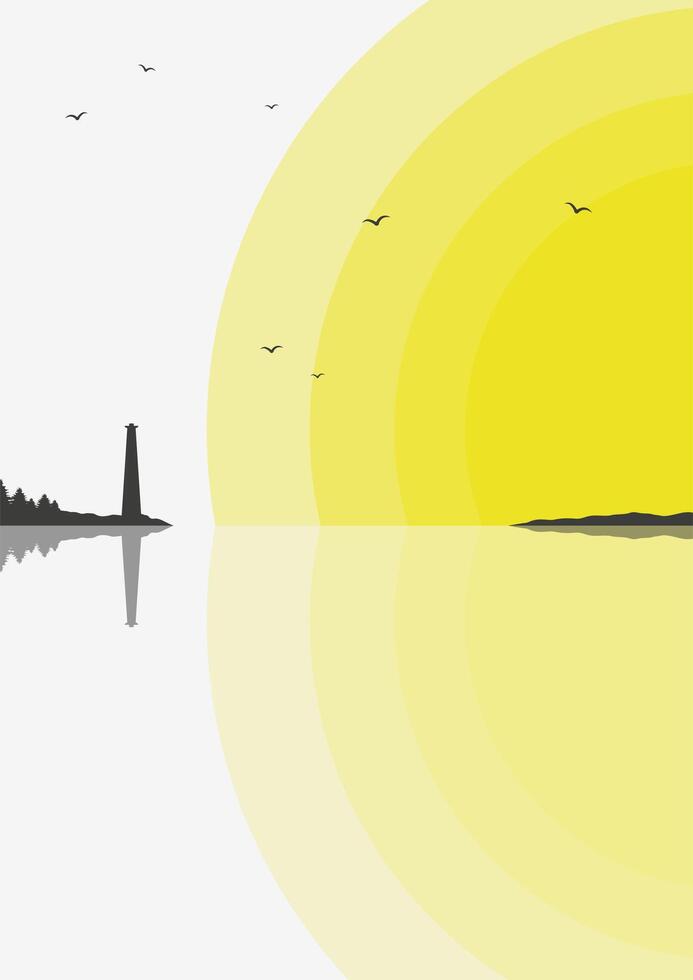 Nordic landscape with lighthouse near water illustration. View on lighthouse in the sunny ocean minimalist print. vector