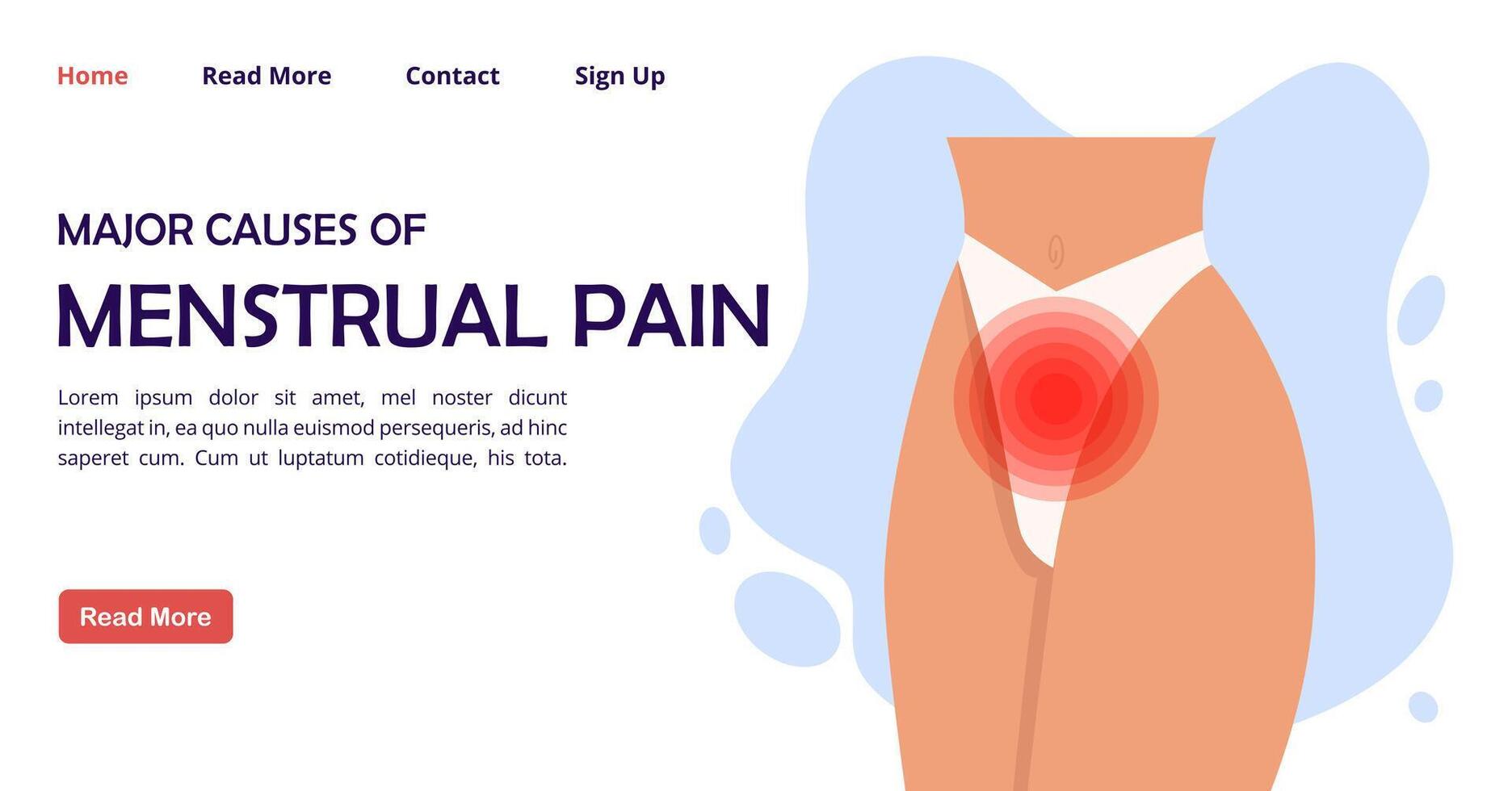 doloroso menstruación ginecología concepto bandera. anexo tumor aterrizaje página plano ilustración. útero inflamación vector