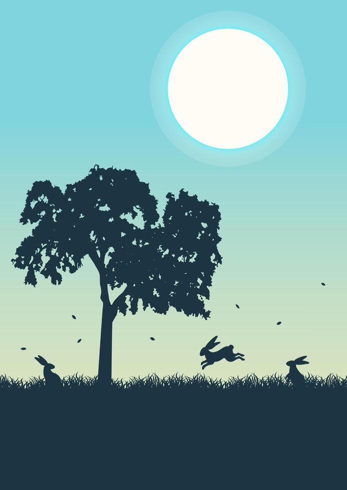Silhouette of bunnies spring dusk meadow. Magical misty Easter spring landscape. vector