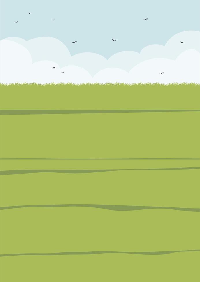 Vector country rural landscape scene with green wheat field. Skyline with clouds cartoon style illustration.
