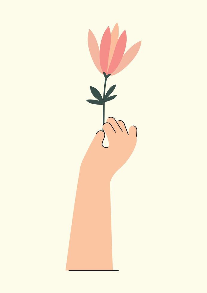 Surprise for valentines day illustration card. Present for birthday poster. Arm holding flower vector