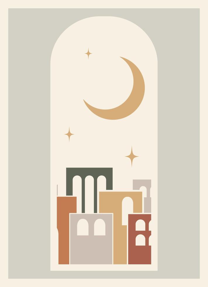 estético póster ilustración con noche paisaje urbano histórico este ciudad en oscuridad Arte. vector