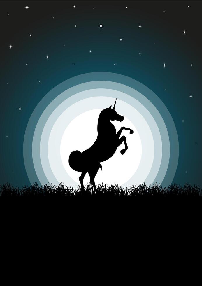 Magic unicorn silhouette standing in spring dusk meadow. Misty landscape, full moon and horse vector