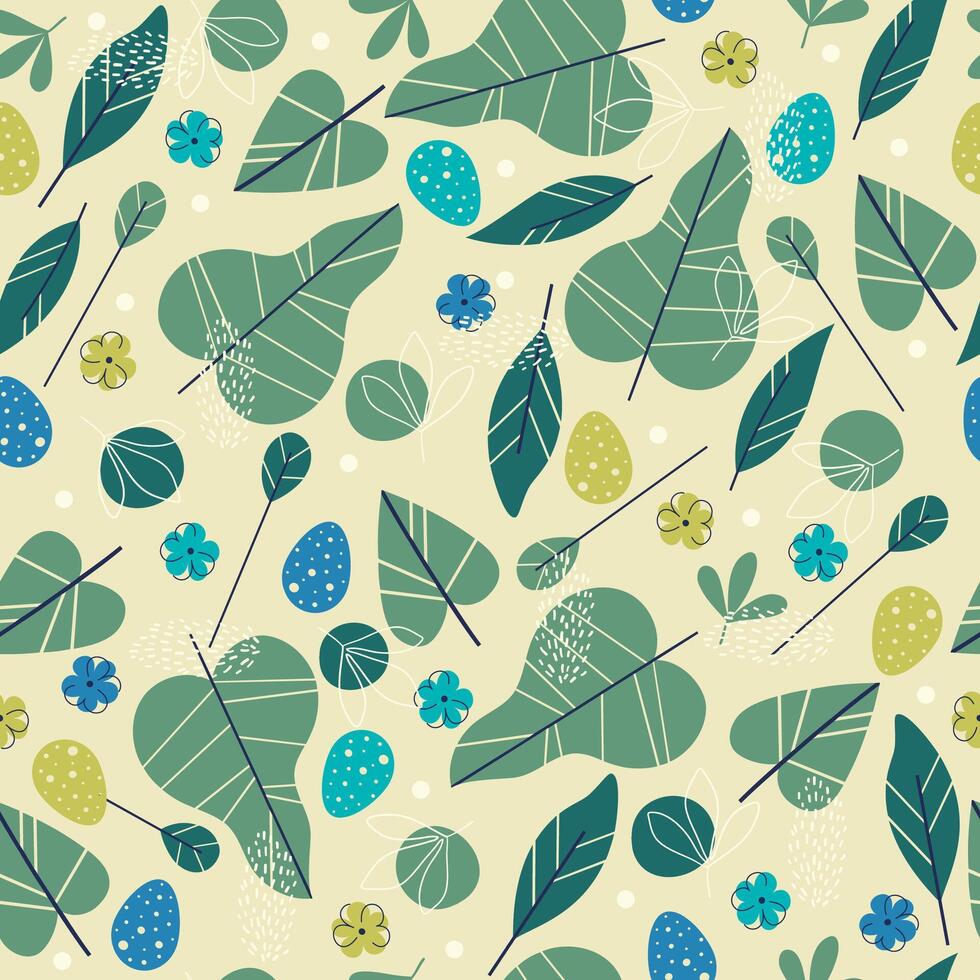 Colorful and bright easter elements seamless pattern. Leaves and flowers on beige background with eggs. vector