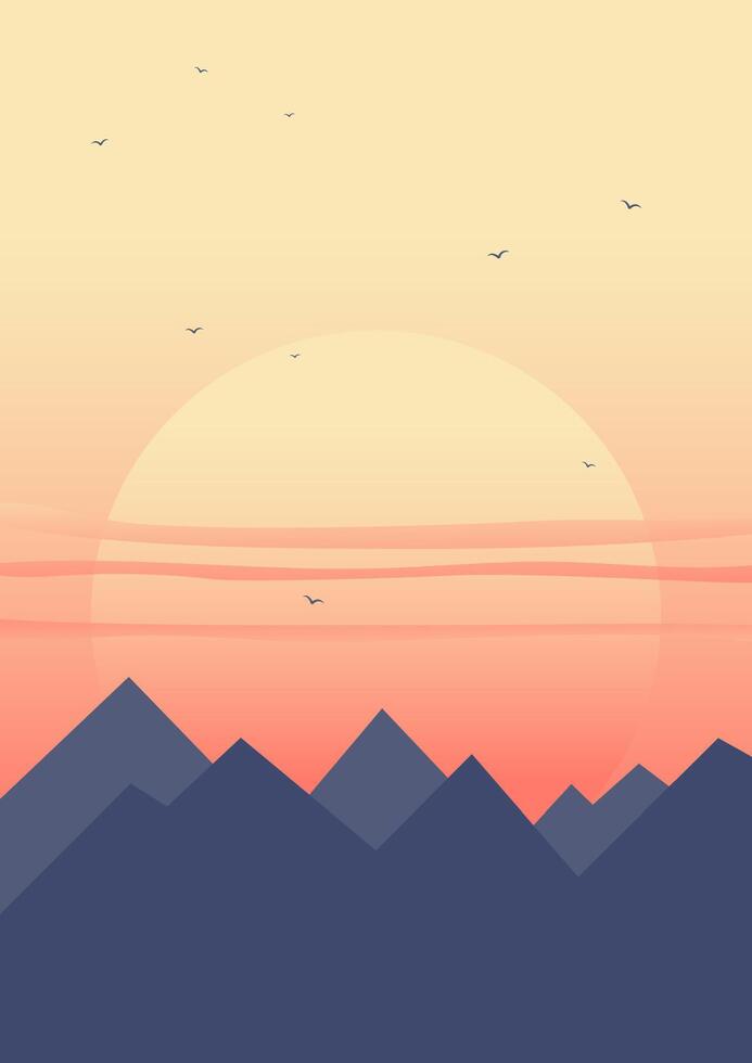 Mountains landscape with peaks and sunset illustration poster. Minimalist gradient red sunrise wall decor. vector
