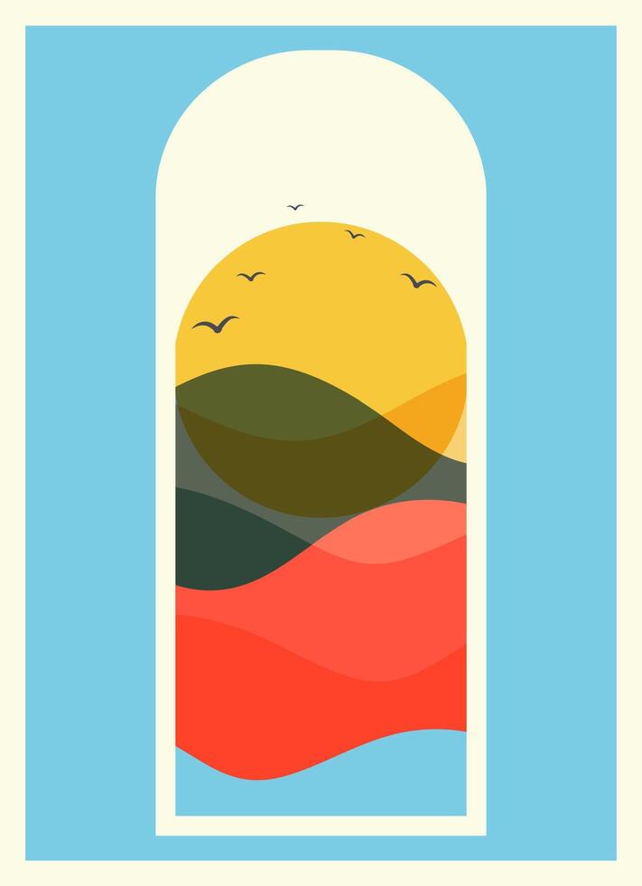 puesta de sol en el mar ver minimalista Arte. boho estético dibujos animados ilustración. vector