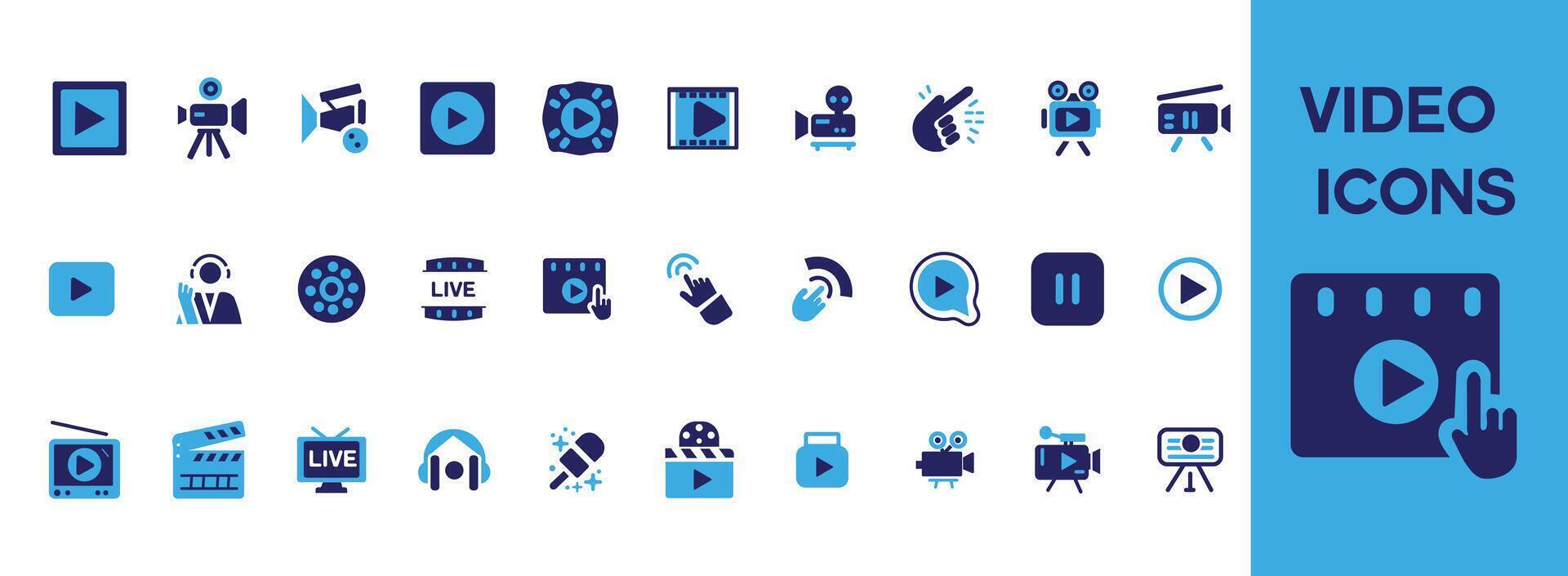 Video icon set. Containing camera, play, pause, media, online video, live, production, player, movie and cinema icons. Solid icon collection. vector