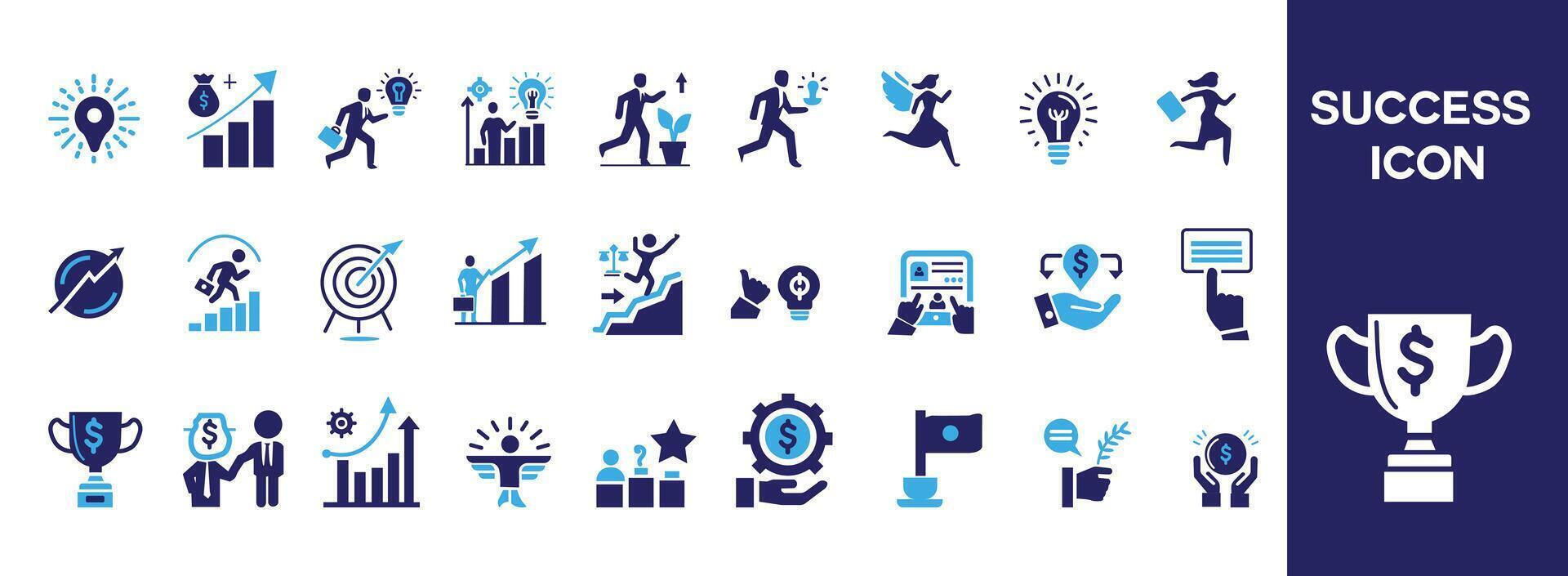 Success icon set. Successful business development, plan and process symbol. Solid  flat  vector  icons collection.