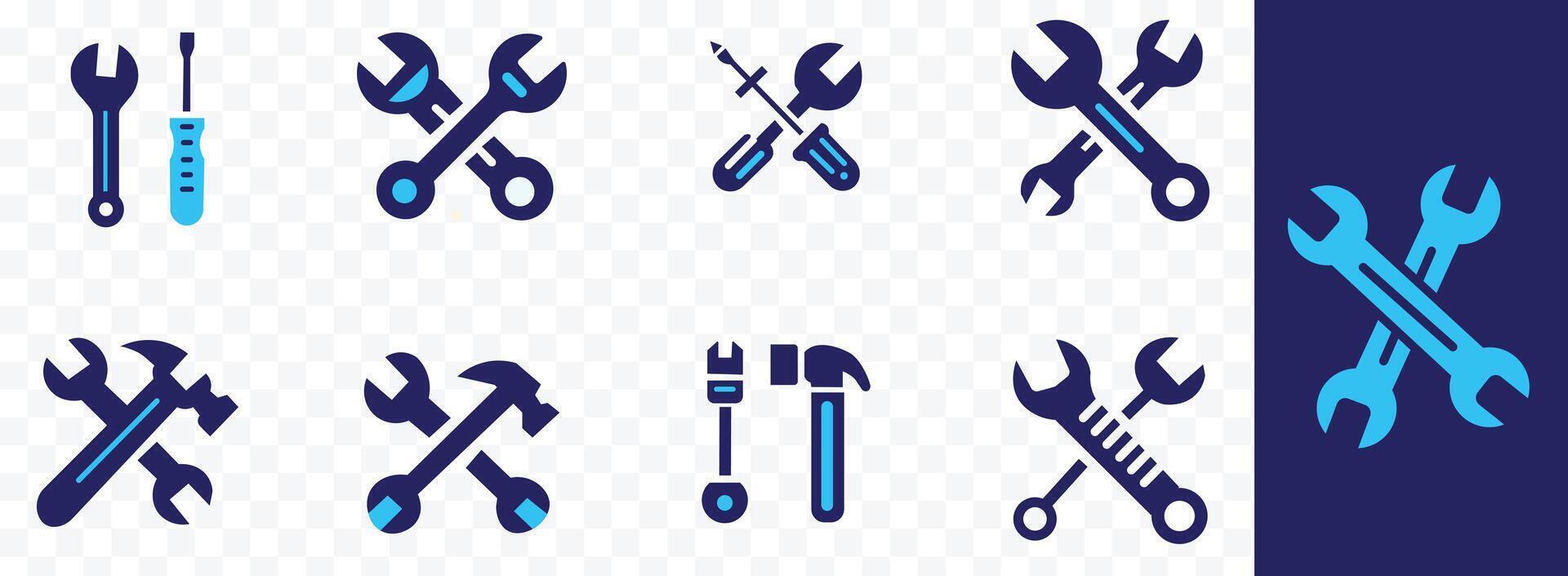 herramienta icono vector conjunto con llave, martillo, y símbolo ilustración para reparar y reparar concepto