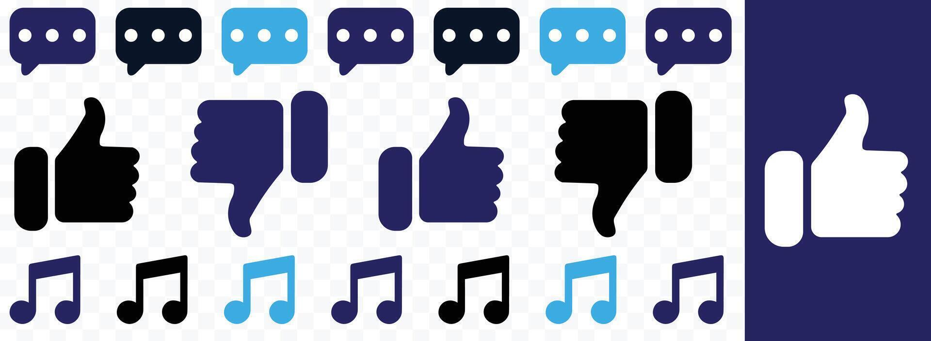 flat vector social media icon set in flat style with symbol  for like, unlike, comment, message,  music,  simple black style symbol sign for apps and website, vector illustration.