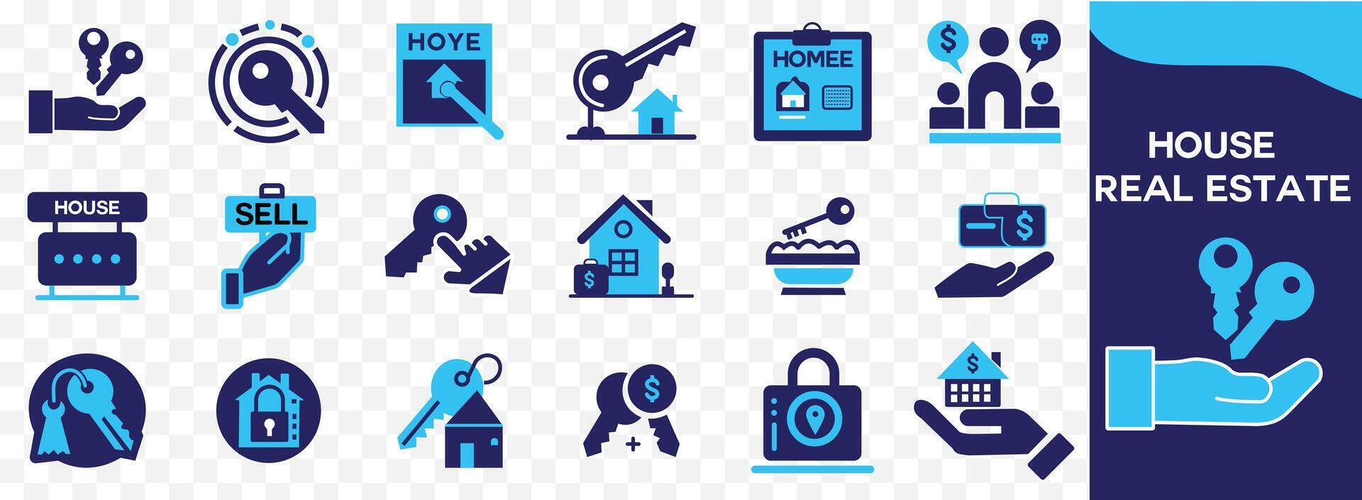 House or Real estate icon set. Containing house, key, buy, sell, loan, smart home, building, mortgage, address, renovation, land, kitchen, bedroom, living room, bathroom. Solid icon vector collection