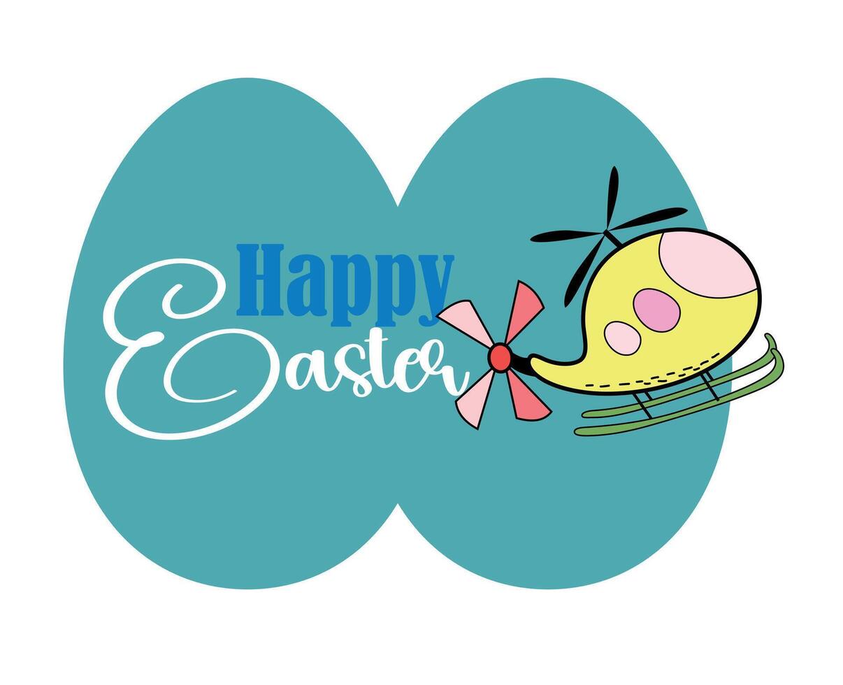 Happy Easter. T-shirt design of a yellow helicopter along with white letters on blue oval shapes.. vector