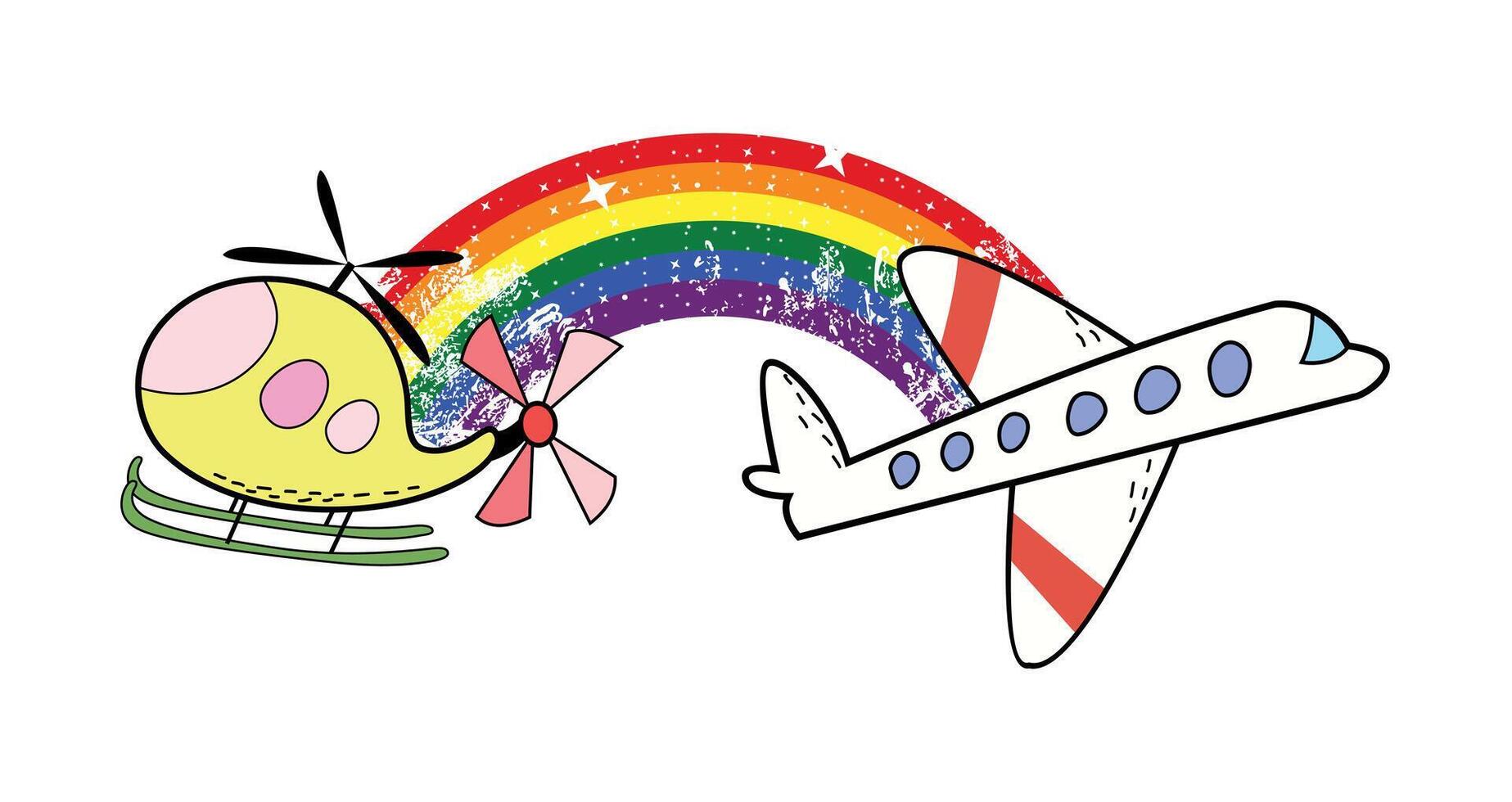 T-shirt design of a yellow helicopter and a plane united by a rainbow. Gay pride. vector