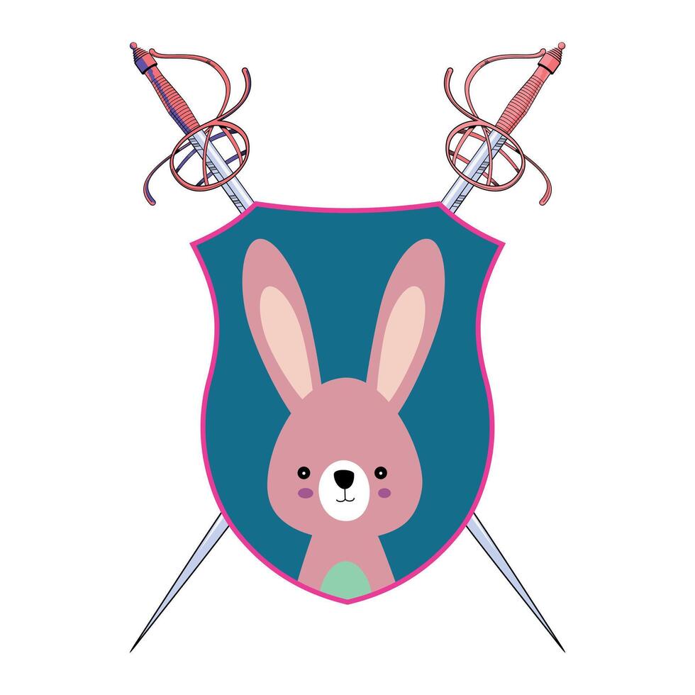 T-shirt design of a coat of arms with a pink rabbit and two ancient swords.. vector
