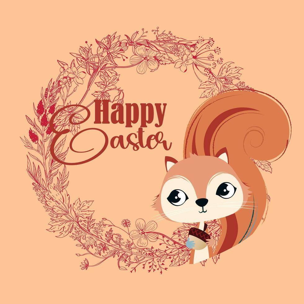 Happy easter. T-shirt design of a squirrel with an acorn on a circle of leaves on a brown background. Children's vector illustration.