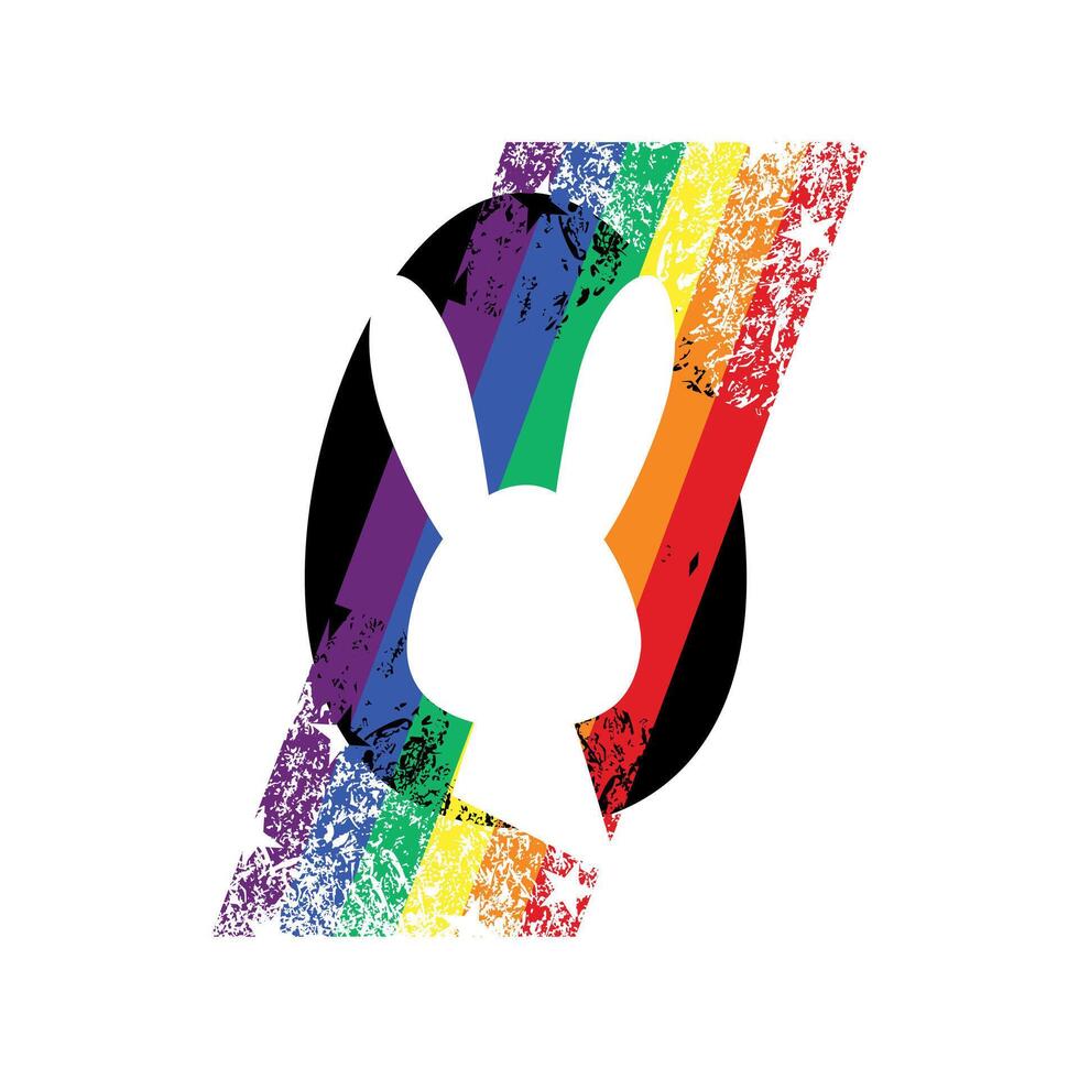 T-shirt design of the white silhouette of a rabbit next to a rainbow and an Easter egg silhouette on a white background. Gay pride. vector