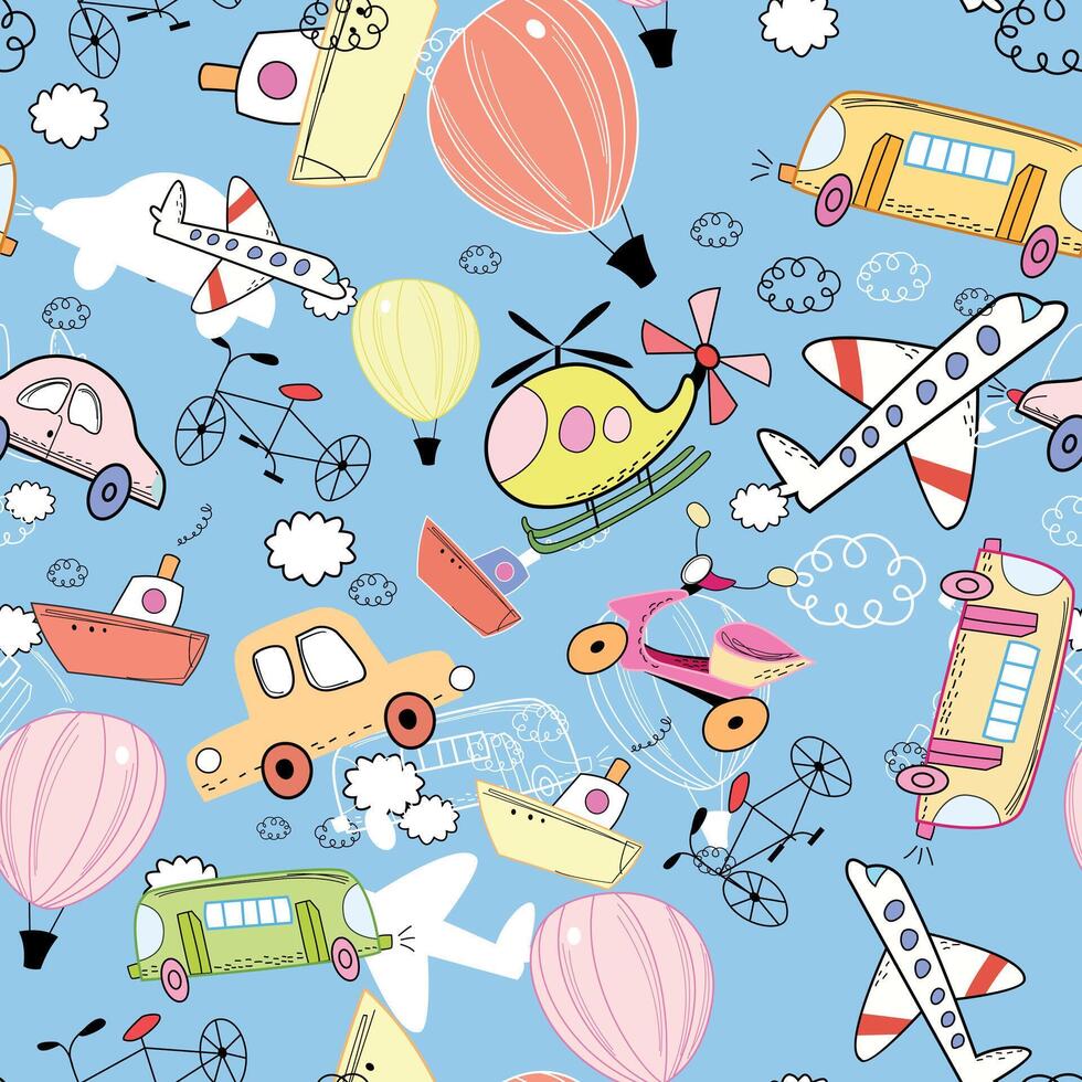 Pattern seamless design with helicopters, airplanes, hot air balloons and children's style cars on a light blue background. vector