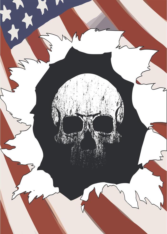 Design for a torn United States flag t-shirt with a skull. vector