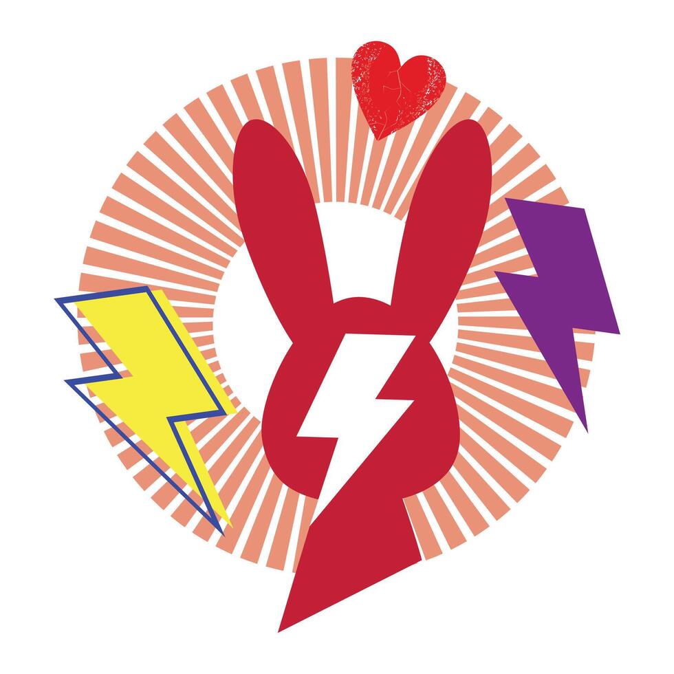 Happy easter. T-shirt design of the silhouette of a red rabbit next to thunder symbols on a white background.. vector