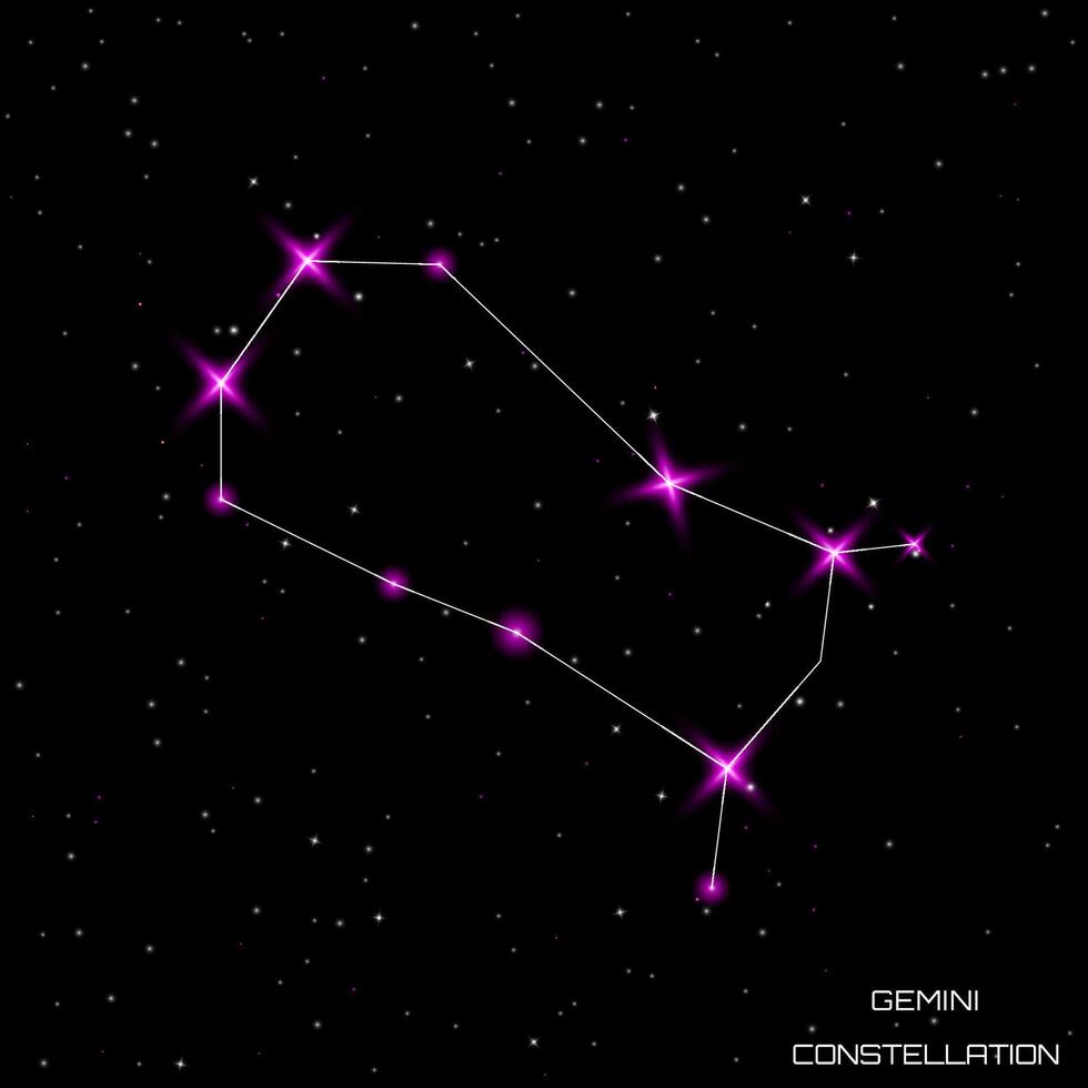 Zodiac signs. The constellation of Gemini in the black starry sky. Vector illustration.